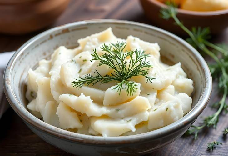 Classic Mashed Potatoes with Dill Served in Organic Clay Bowl